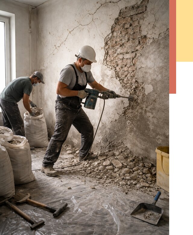 Демонтаж штукатурки со стен в Нижнекамске от 7300 руб/м² — быстро и недорого | ОТДЕЛОЧНИК-Нжм