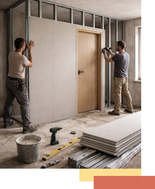 Перегородка из гипсокартона с дверью под ключ в Нижнекамске