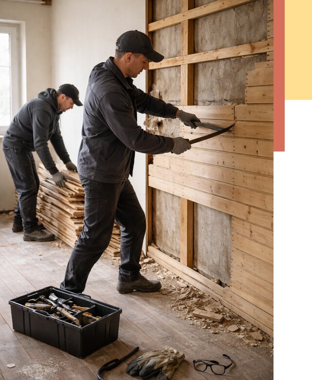 Демонтаж вагонки в Нижнекамске от 3853 руб/м2 — быстро и недорого | ОТДЕЛОЧНИК-Нжм