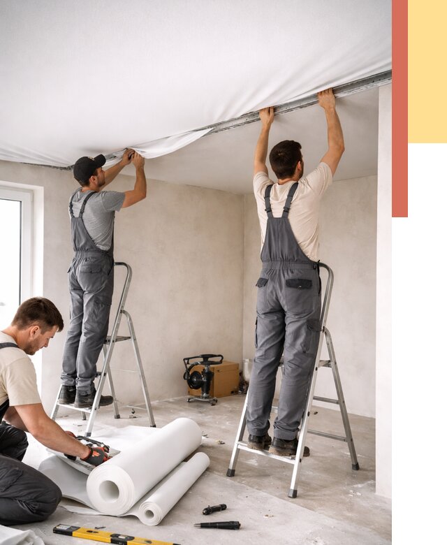 Монтаж тканевого натяжного потолка в Нижнекамске от 3549 руб. под ключ | ОТДЕЛОЧНИК-Нжм