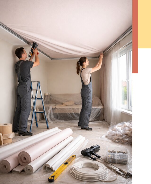 Монтаж цветного натяжного потолка в Нижнекамске от 4258 руб/м² — быстро и недорого | ОТДЕЛОЧНИК-Нжм