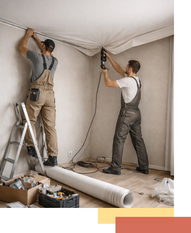 Монтаж цветного натяжного потолка в Нижнекамске за один день