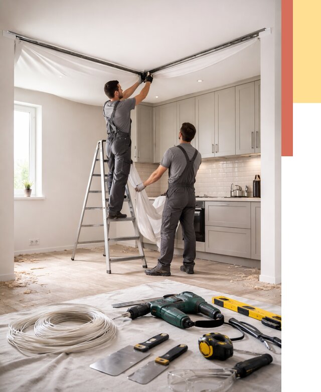 Установка натяжного потолка на кухне в Нижнекамске от 2433 руб. | ОТДЕЛОЧНИК-Нжм