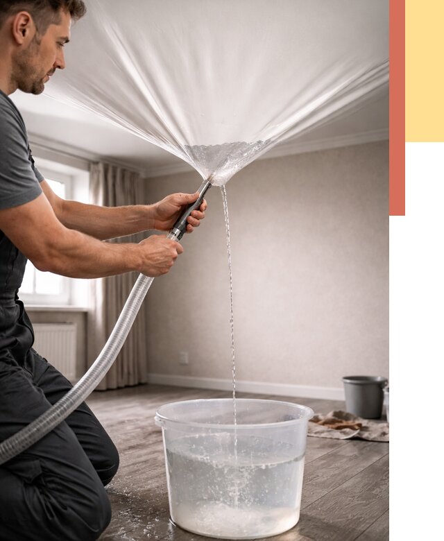 Слив воды с натяжного потолка в Нижнекамске от 2535 руб. быстро и недорого | ОТДЕЛОЧНИК-Нжм