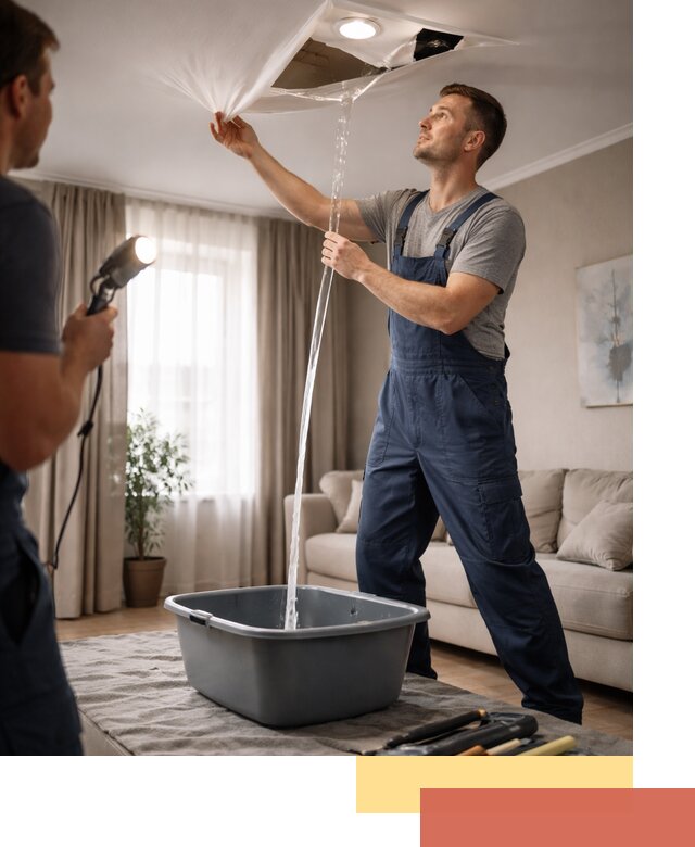 Слив воды с натяжного потолка в Нижнекамске быстро и аккуратно