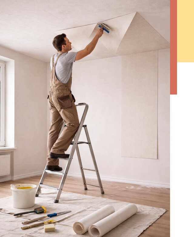 Поклейка обоев на потолок в Нижнекамске от 4563 руб. быстро и недорого | ОТДЕЛОЧНИК-Нжм